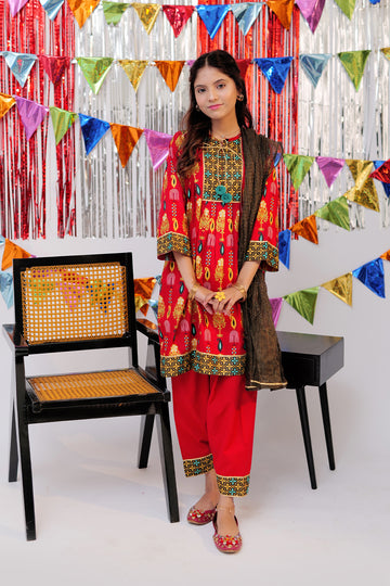 GBD-02530 | Red & Gold | Casual Plus 3 Piece Suit  | Cotton Gold Print Lawn